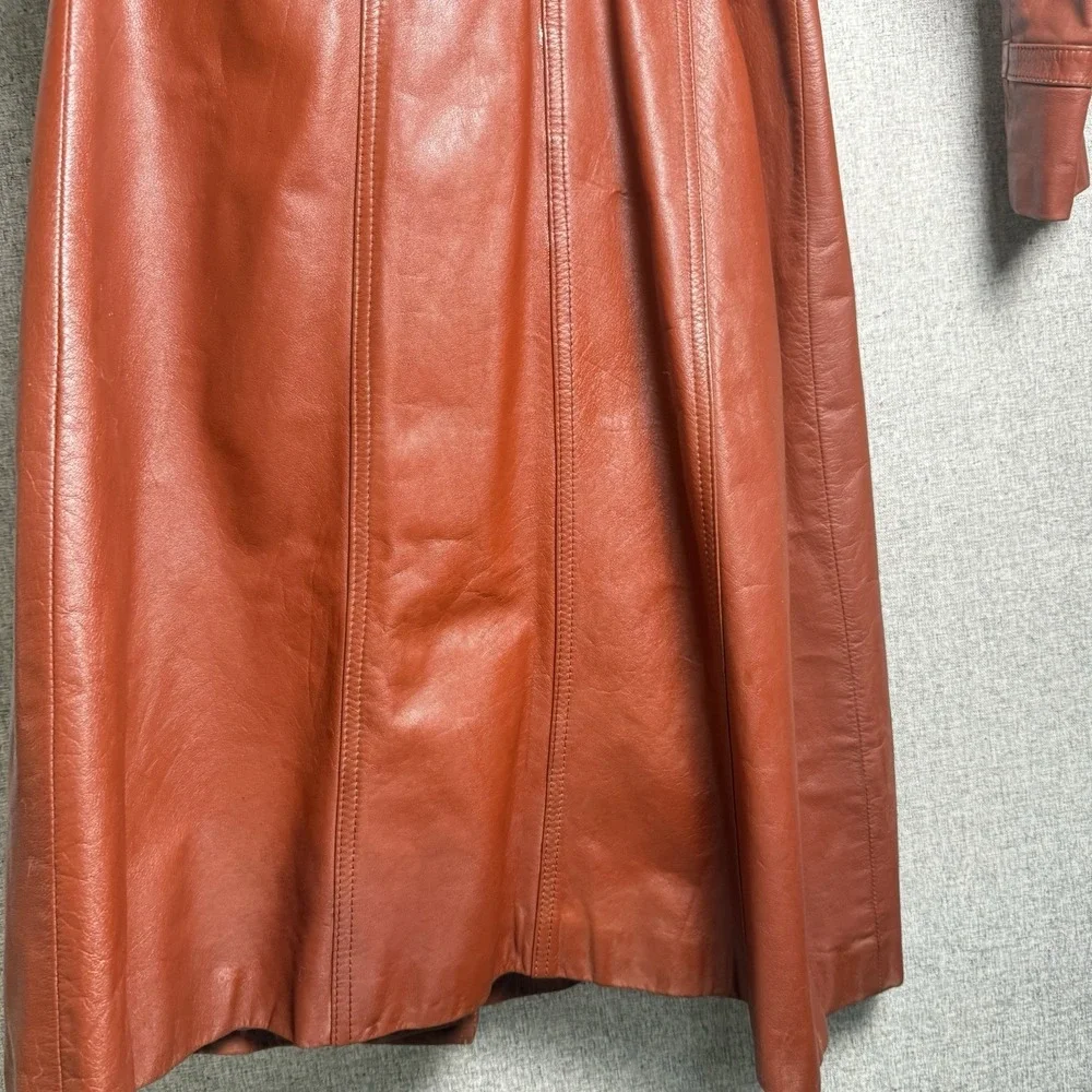 Vintage 70s Rust Brown Orange Leather Full Length Trench Coat Made Korea SMALL - Picture 6 of 16